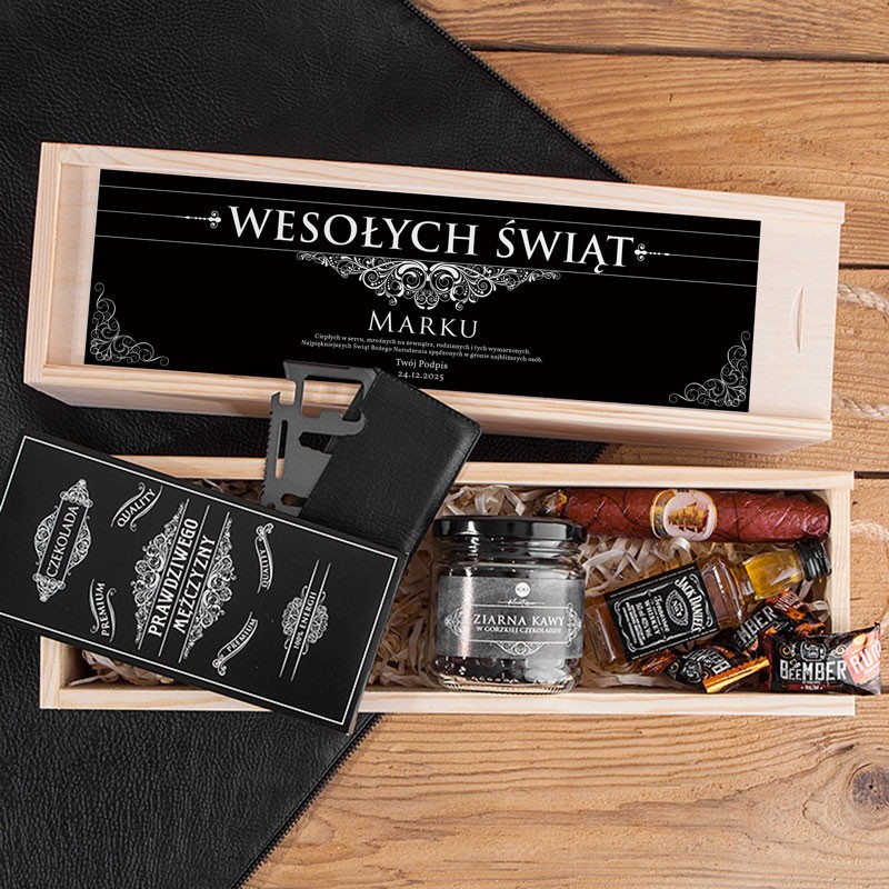 PREZENT świąteczny dla mężczyzny w skrzyni Z PODPISEM Słodki zestaw z whisky Jack Daniels